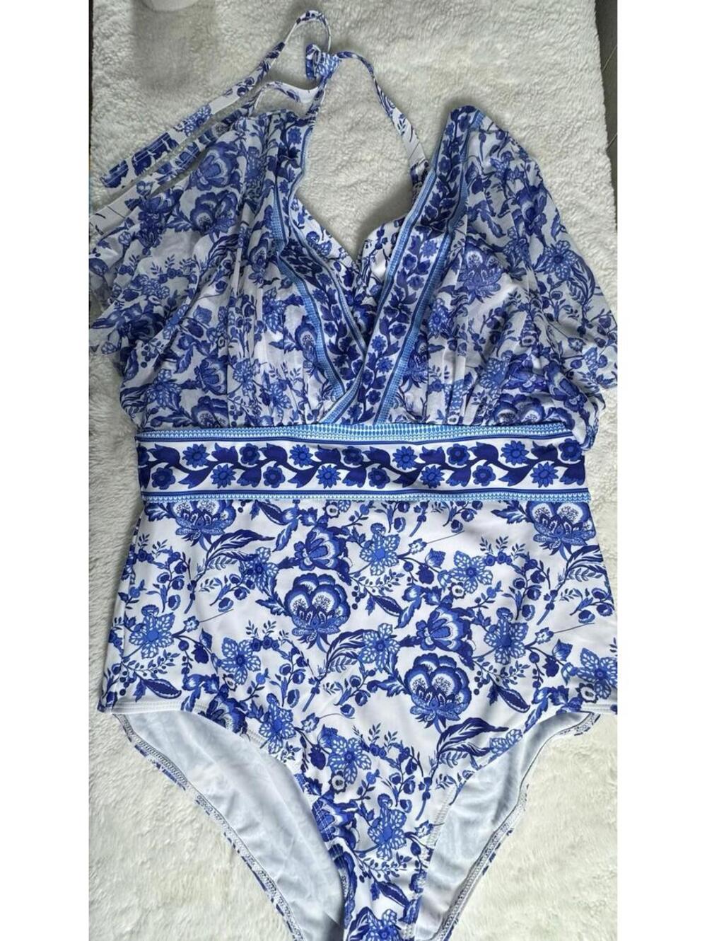 Floerns Women's Plus Size One Piece Swimsuit Blue Floral Print Halter Tie Back